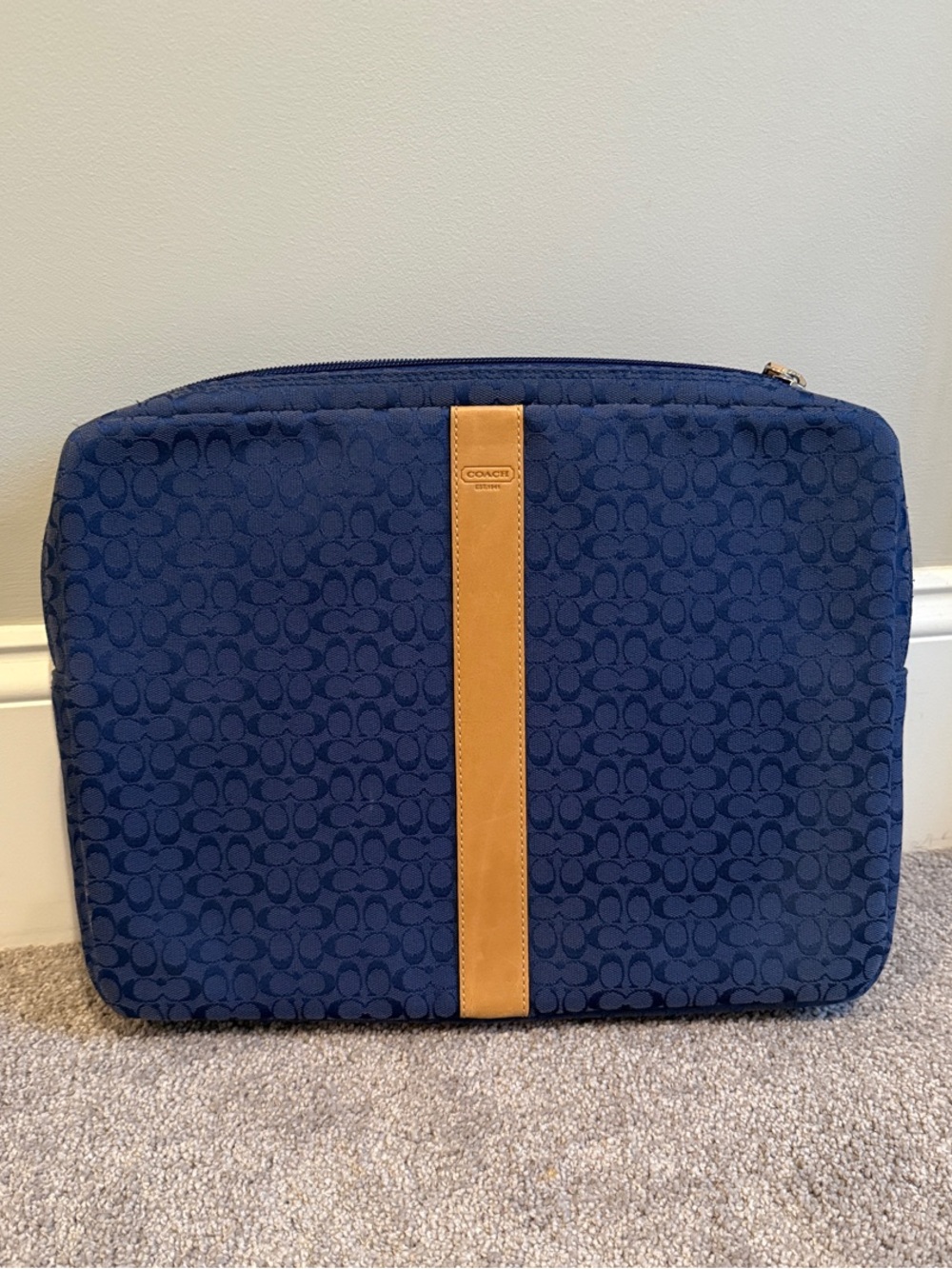 Coach Blue Signature Laptop Sleeve with Tan Accent